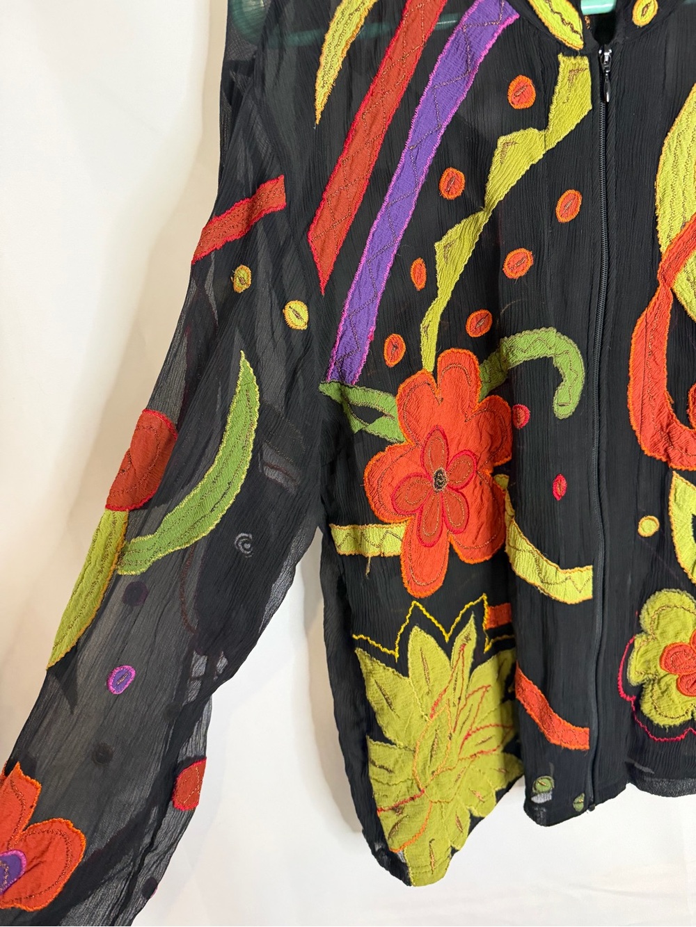 Chico's Silk Sheer Black Floral Embroidered Jacket / Full Zip Top - Picture 4 of 5